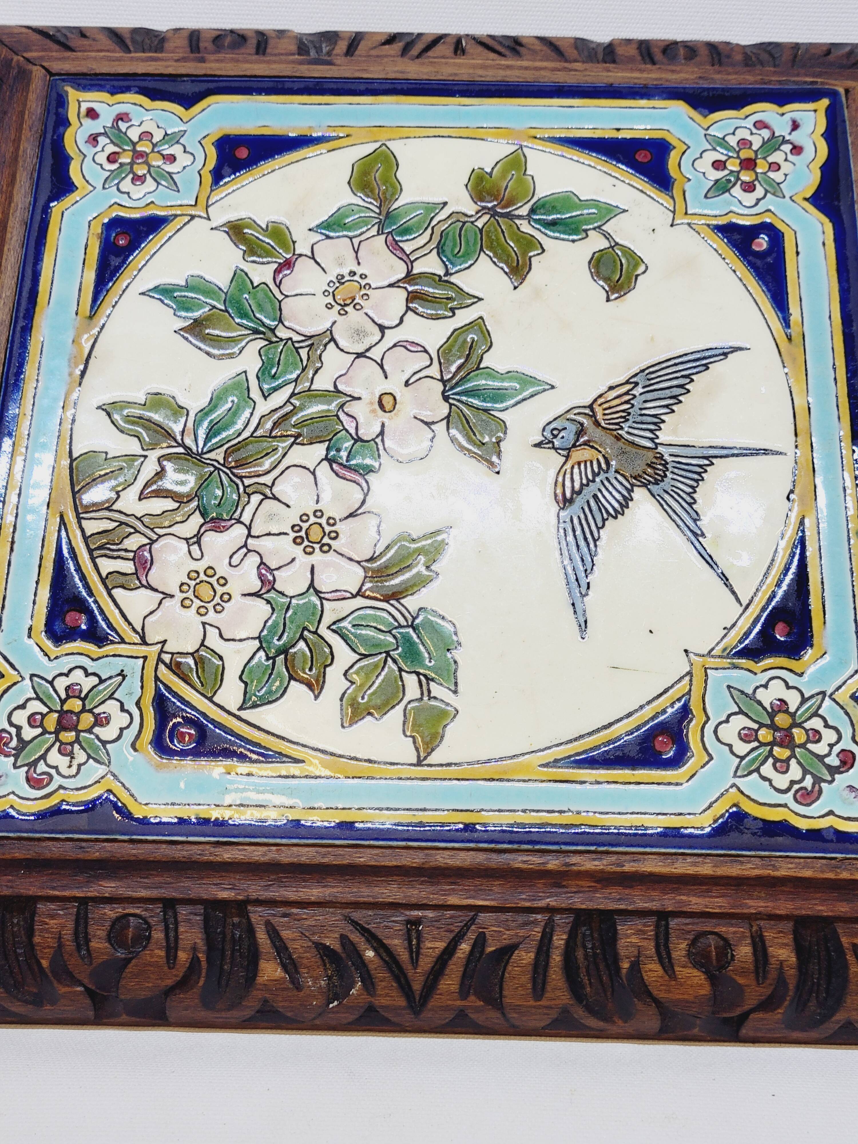 Longwy Trivet with Doorbell, Glazed Earthenware Tile and Wooden Frame