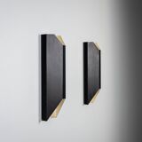 Architectural pair of vintage black metal wall lamps with angular geometric