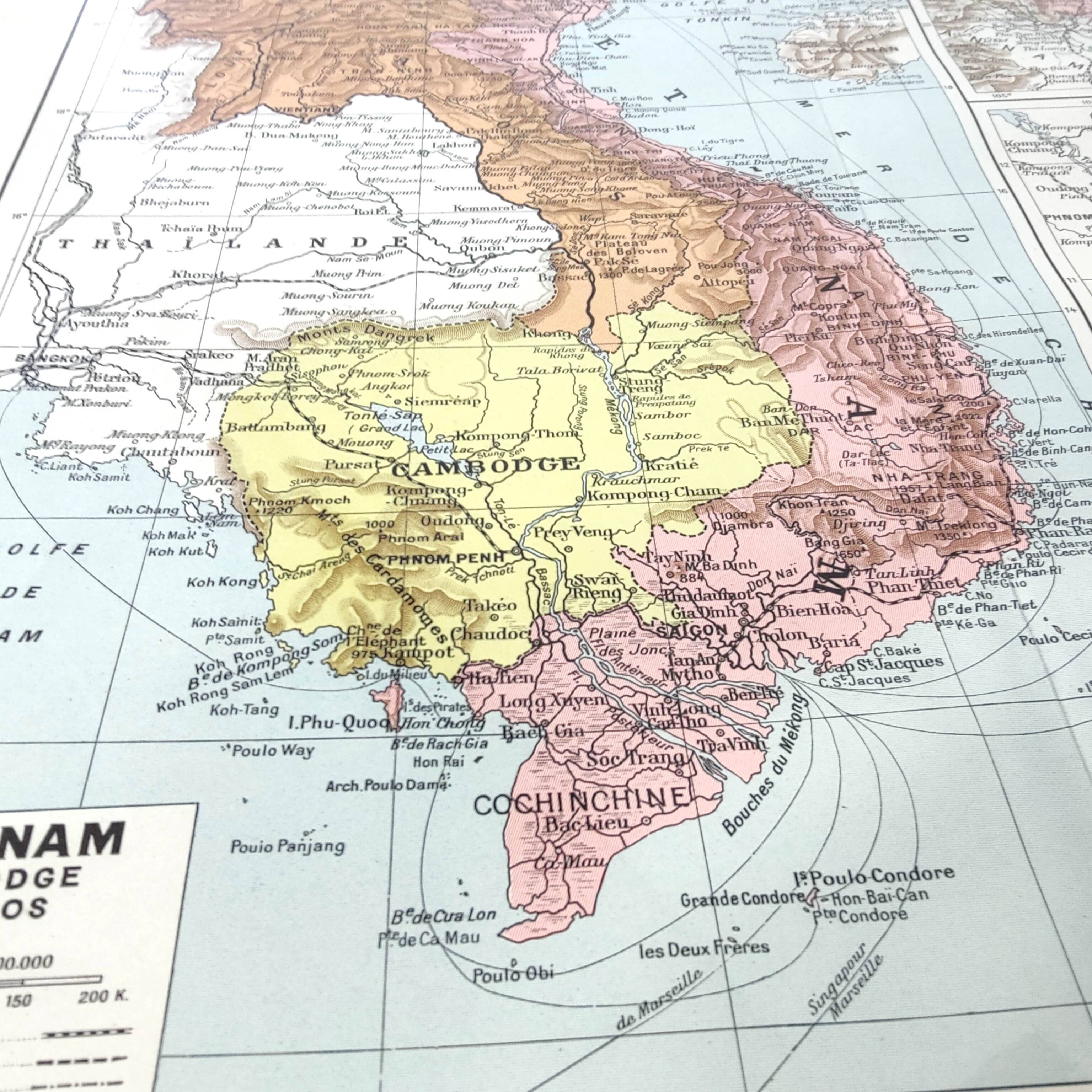 Old map Vietnam Laos Cambodia Asia 43x43cm from 1950