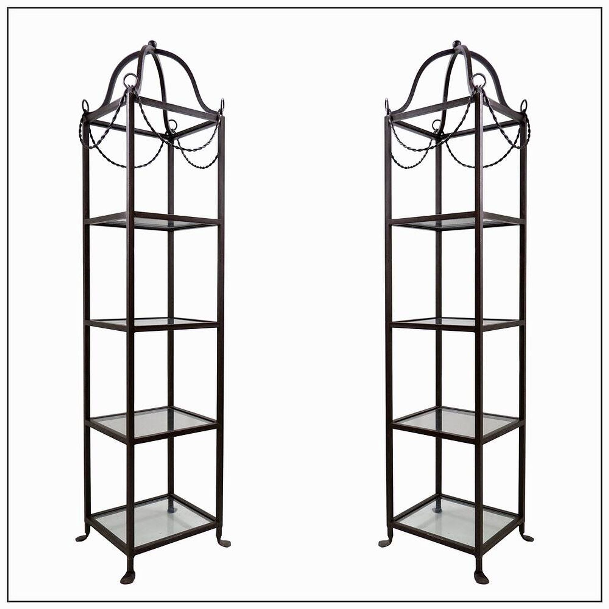 Pair of vintage pagoda-style shelves in black metal