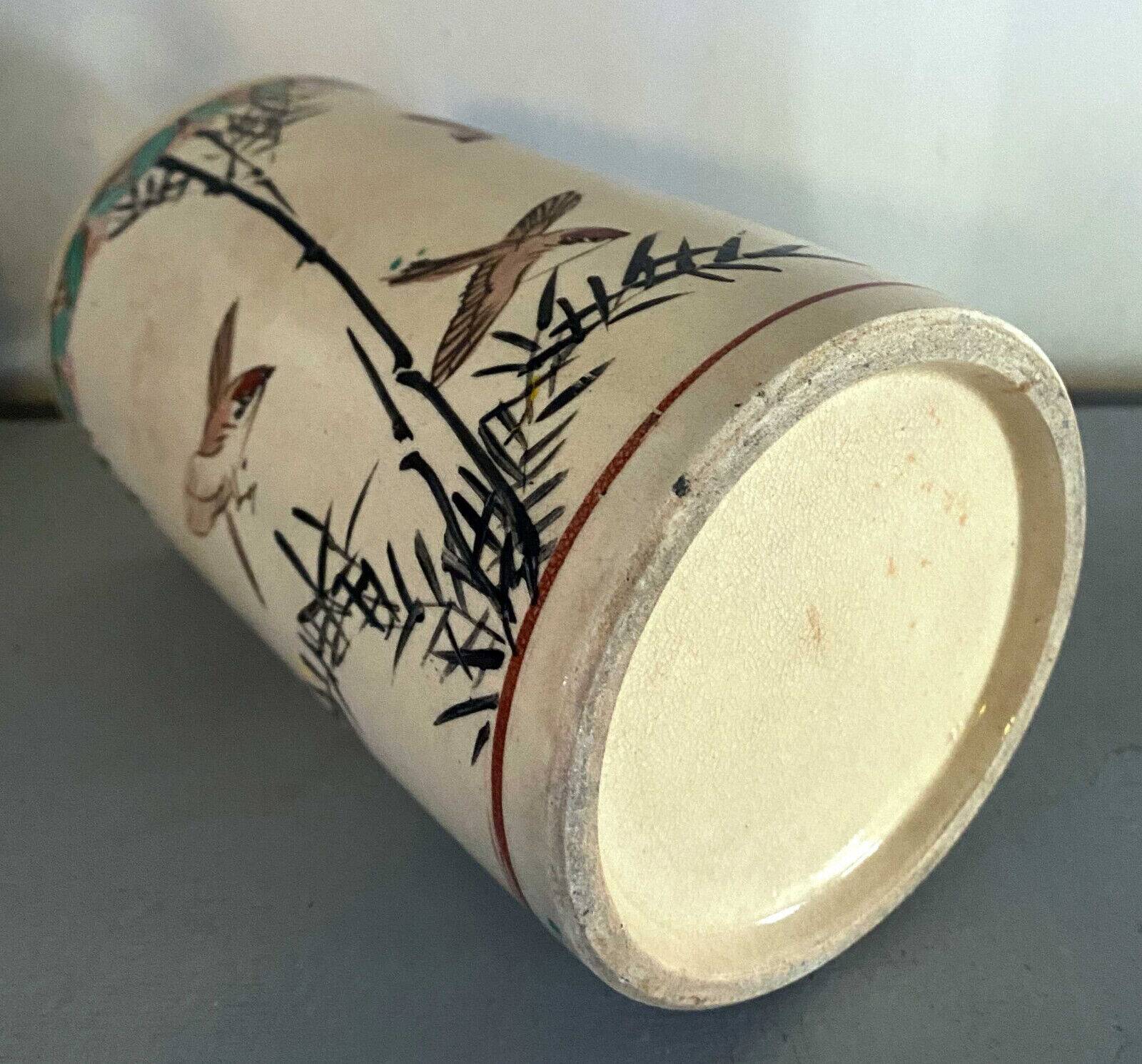 Roller Vase Brush pot with ceramic bird motifs Signed China