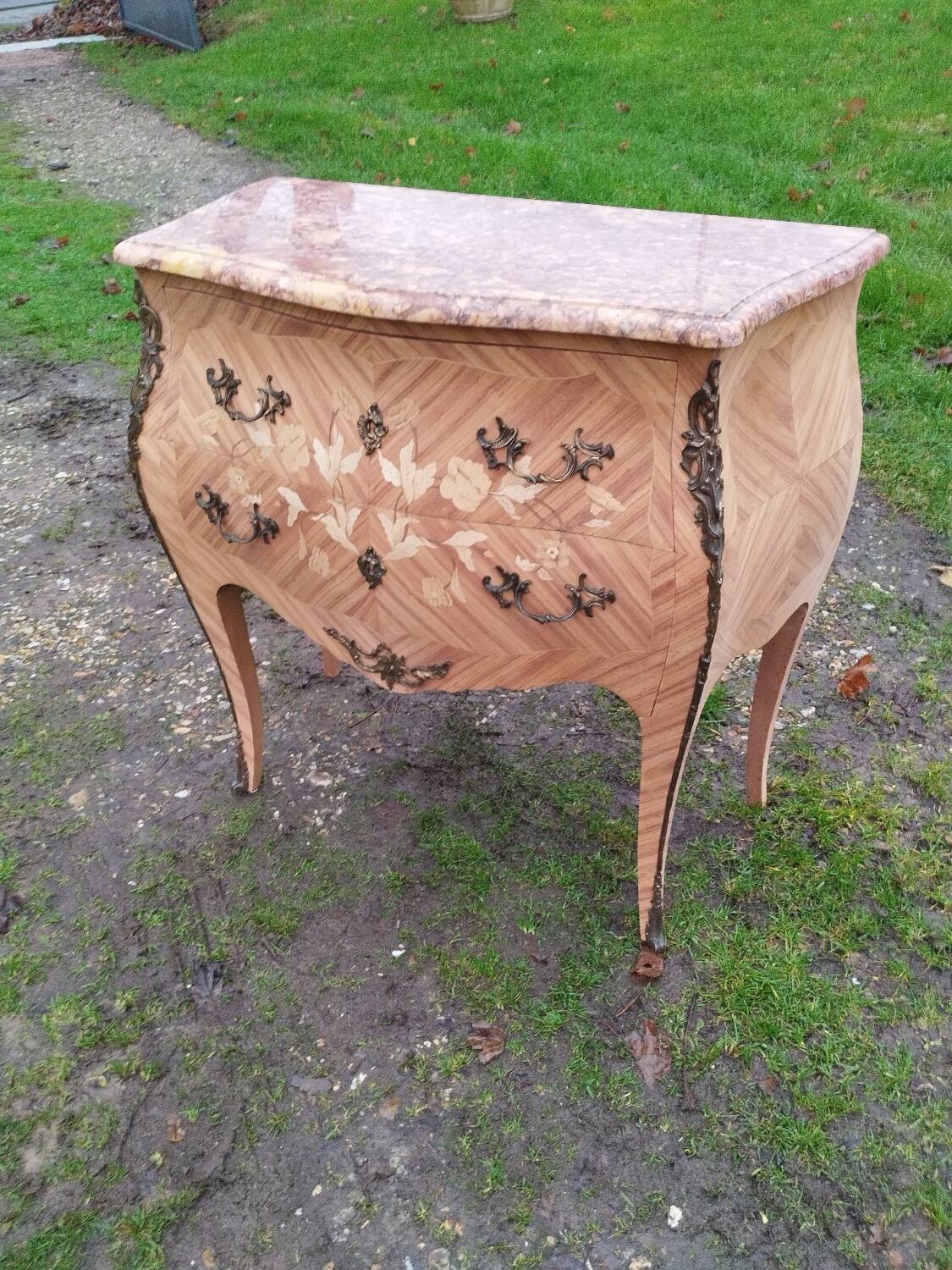 Commode ancienne en marqueterie style louis xv avec plateau marbre