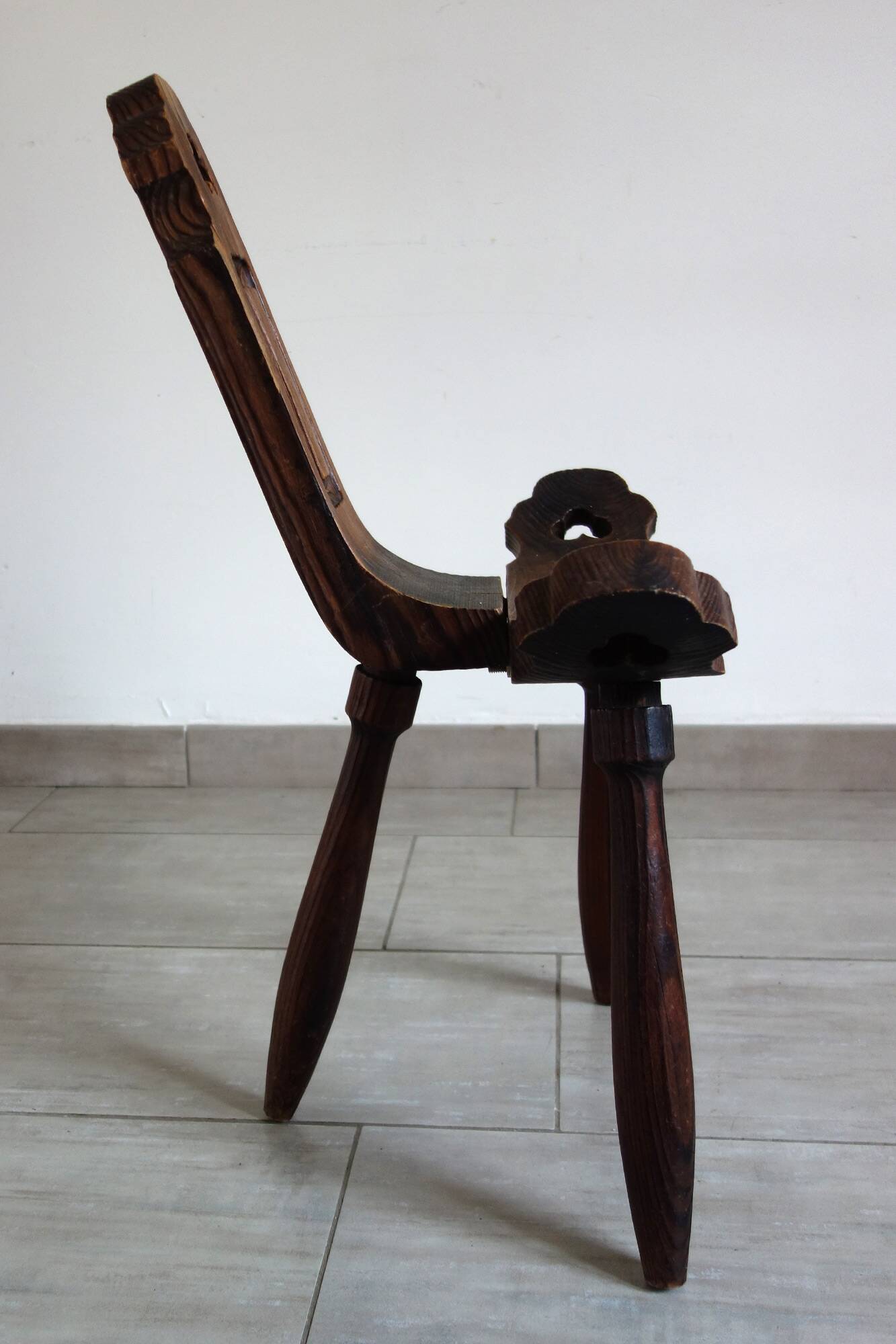 Brutalist Tripod Chair in Sculpted Wood, France