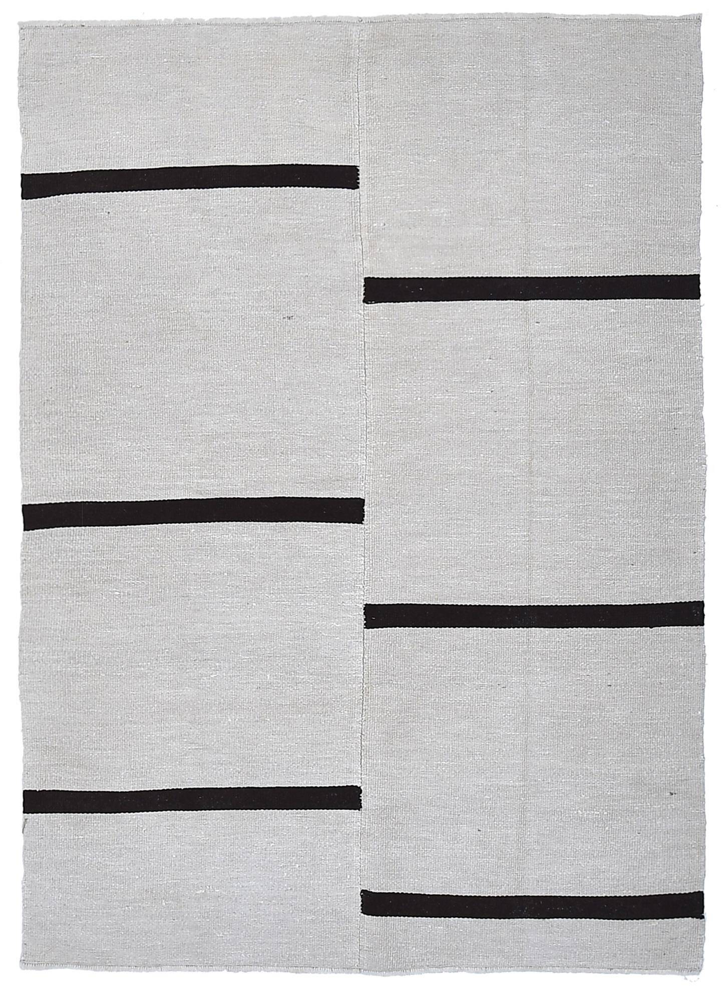 5x7 White Black Striped Turkish Vintage Rug 143x199Cm