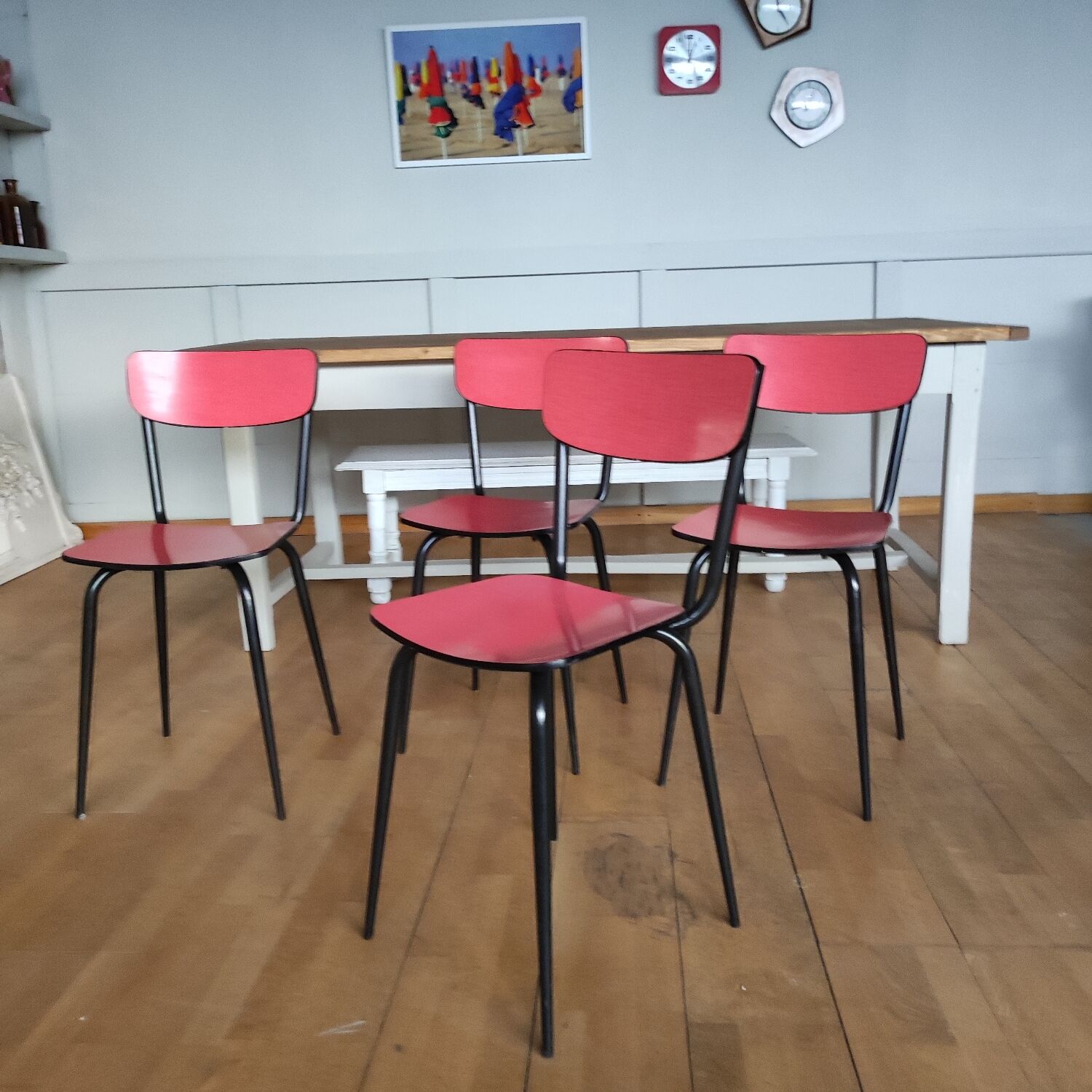 4 restored red formica chairs with black legs