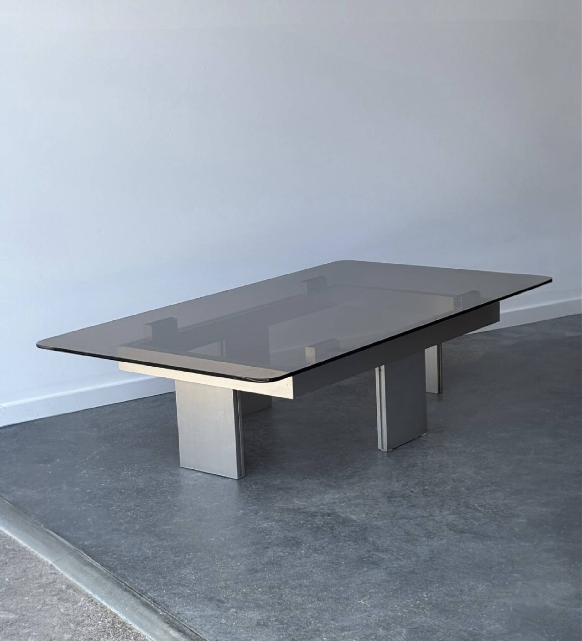 Large modernist coffee table in aluminium and smoked glass, 1970.