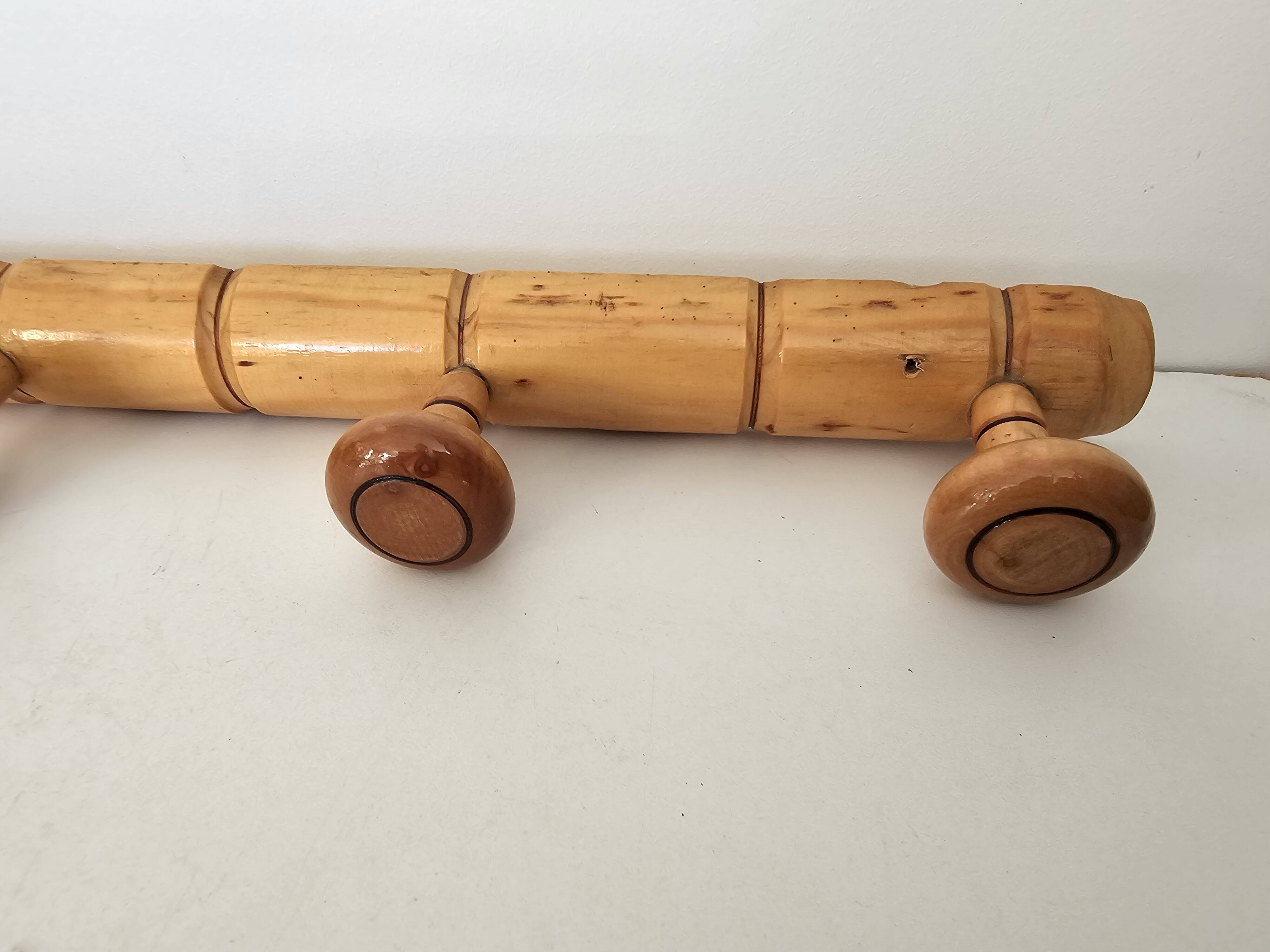 Vintage wooden wall coat rack in bamboo style (4 hooks) 50s 60s