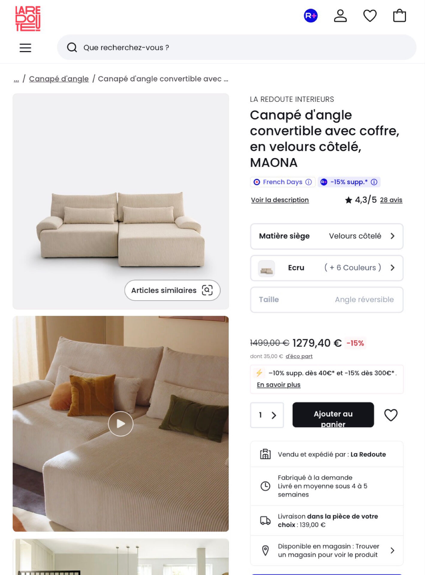 Canapé d'angle convertible avec coffre, beige | La Redoute