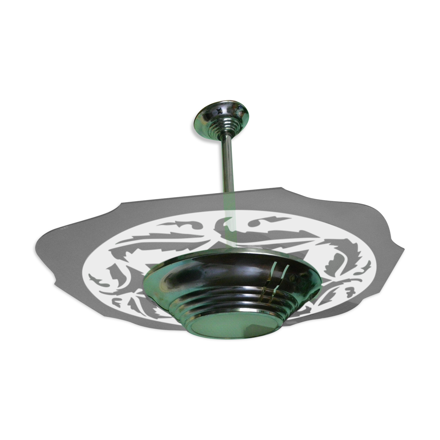 Art deco chandelier from the 1920s with transparent and opalized glass, silver metal structure