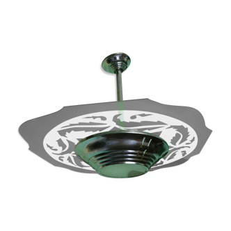 Art deco chandelier from the 1920s with transparent and opalized glass, silver metal structure