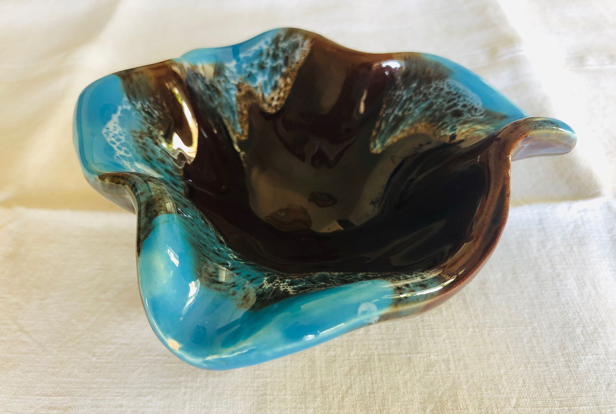 Blue and brown flamed vintage ashtray