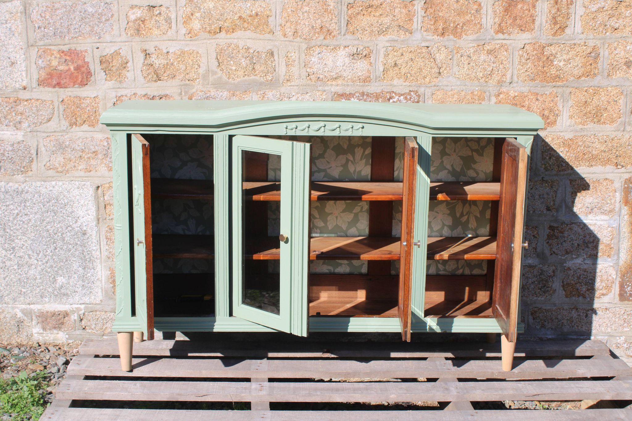 Renovated vintage sage green enfilade – wooden legs & bevelled display cabinets