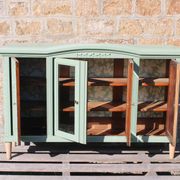 Renovated vintage sage green enfilade – wooden legs & bevelled display cabinets