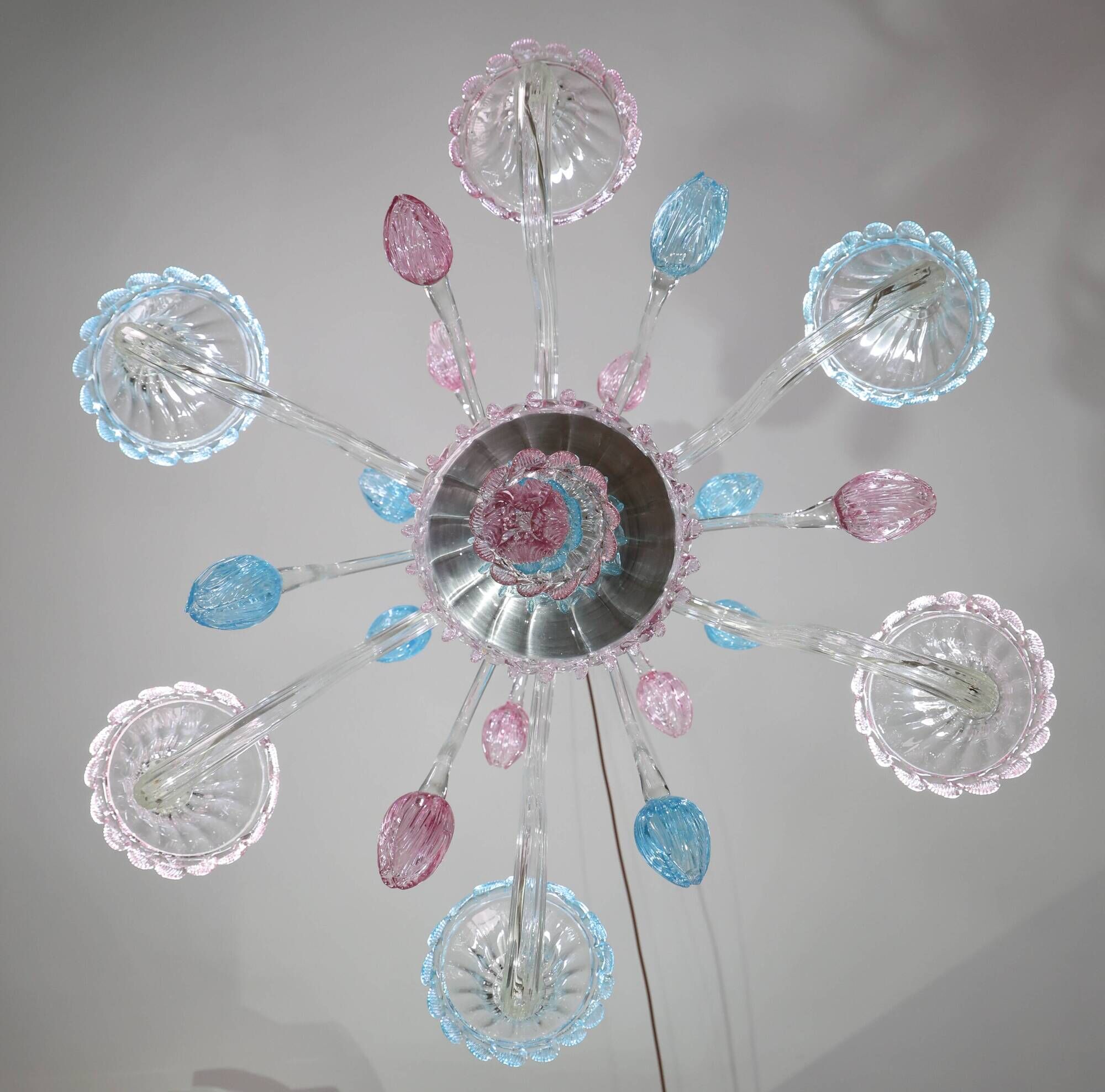 "Amsterdam" Large Size Vintage Pink and Blue Tulip Murano Glas Chandelier,