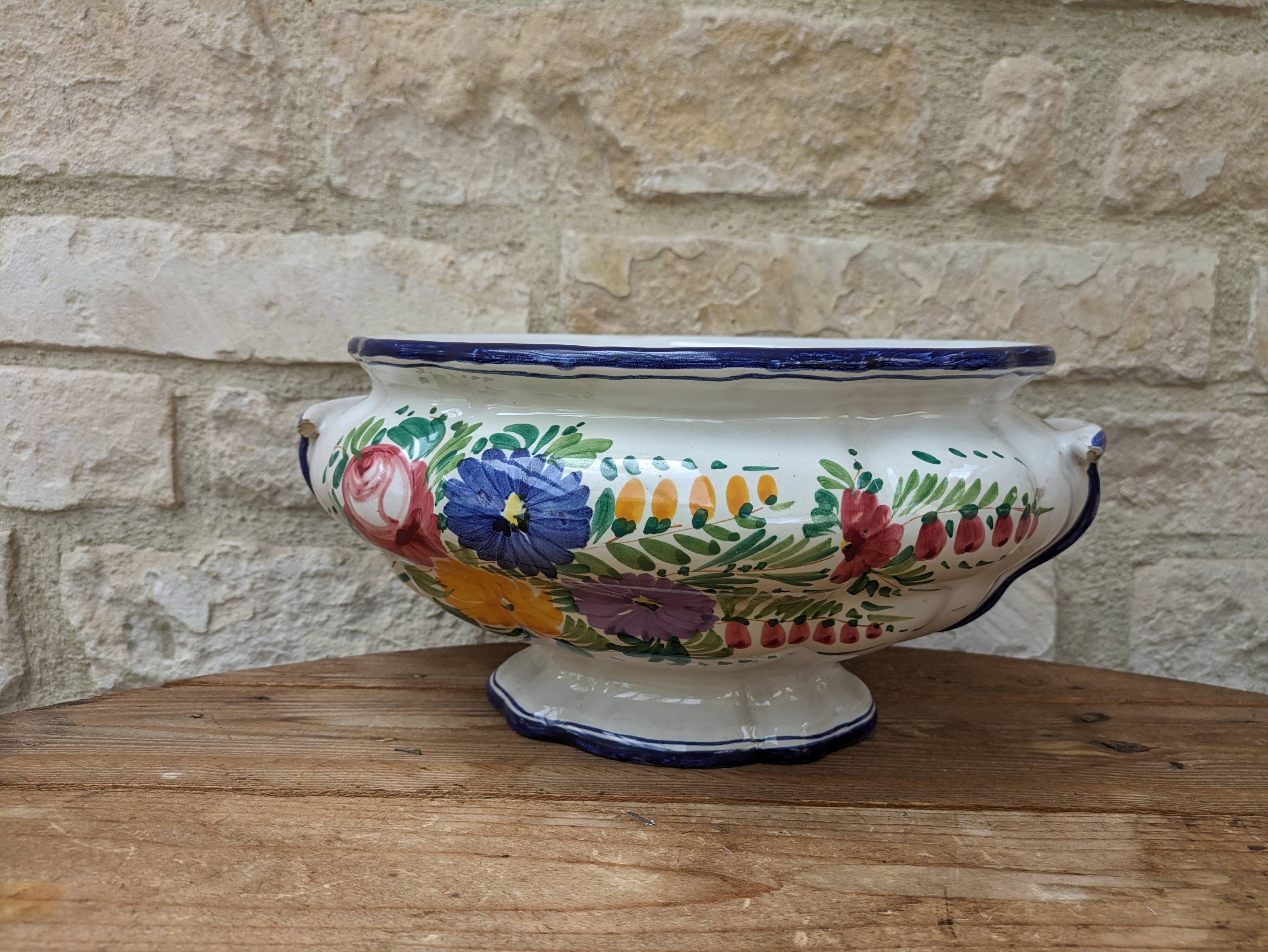 Old serving dish, vegetable dish, soup tureen without lid, flower decoration
