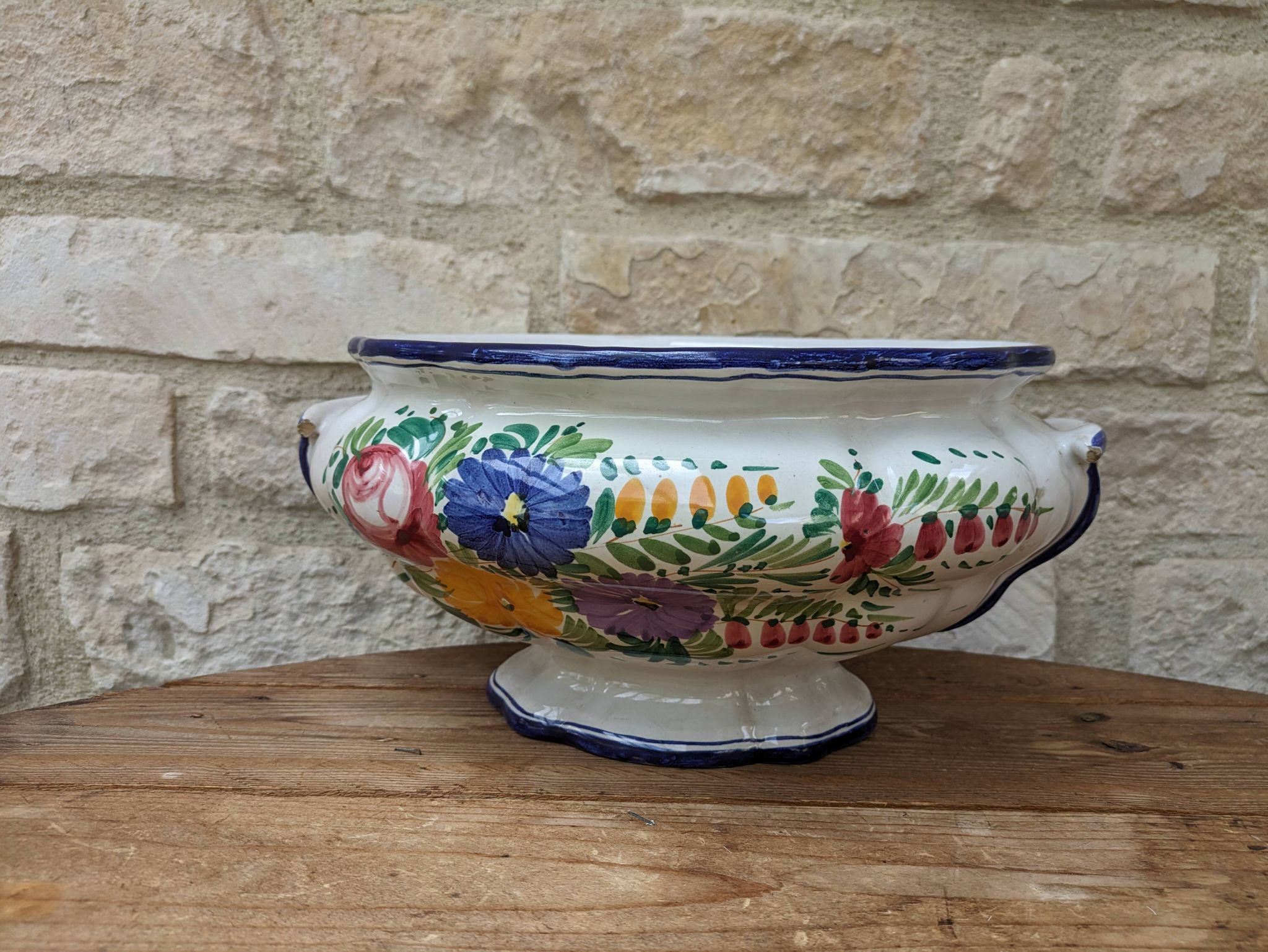 Old serving dish, vegetable dish, soup tureen without lid, flower decoration