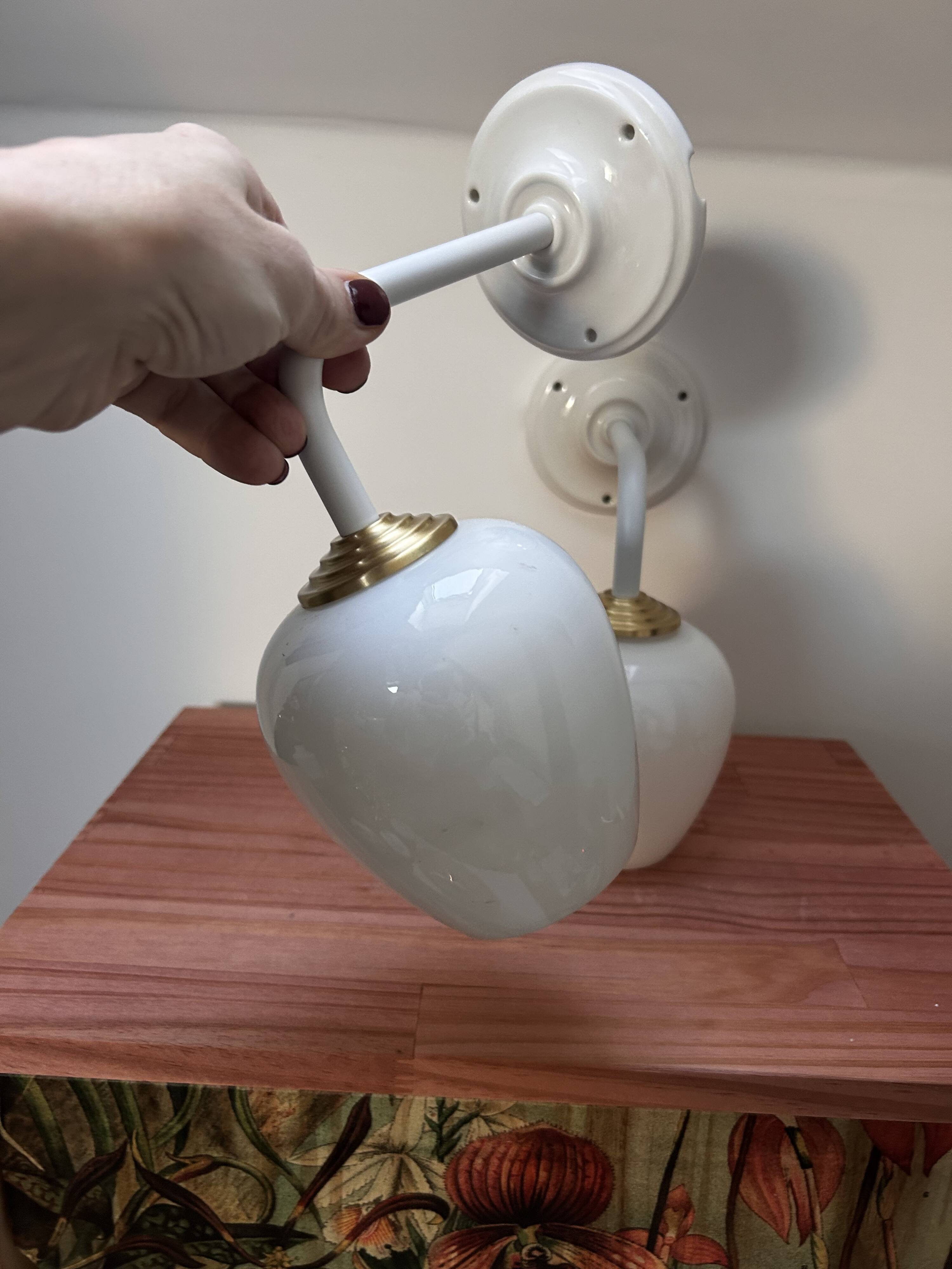 Pair of vintage white opaline wall lights
