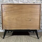 Commode 50's chêne clair pieds compas 4 tiroirs relookée