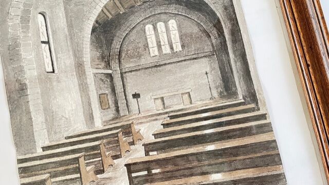 Tableau ancien aquarelle intérieur chapelle sur papier