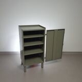 Gray metal locker. Industrial small sideboard.