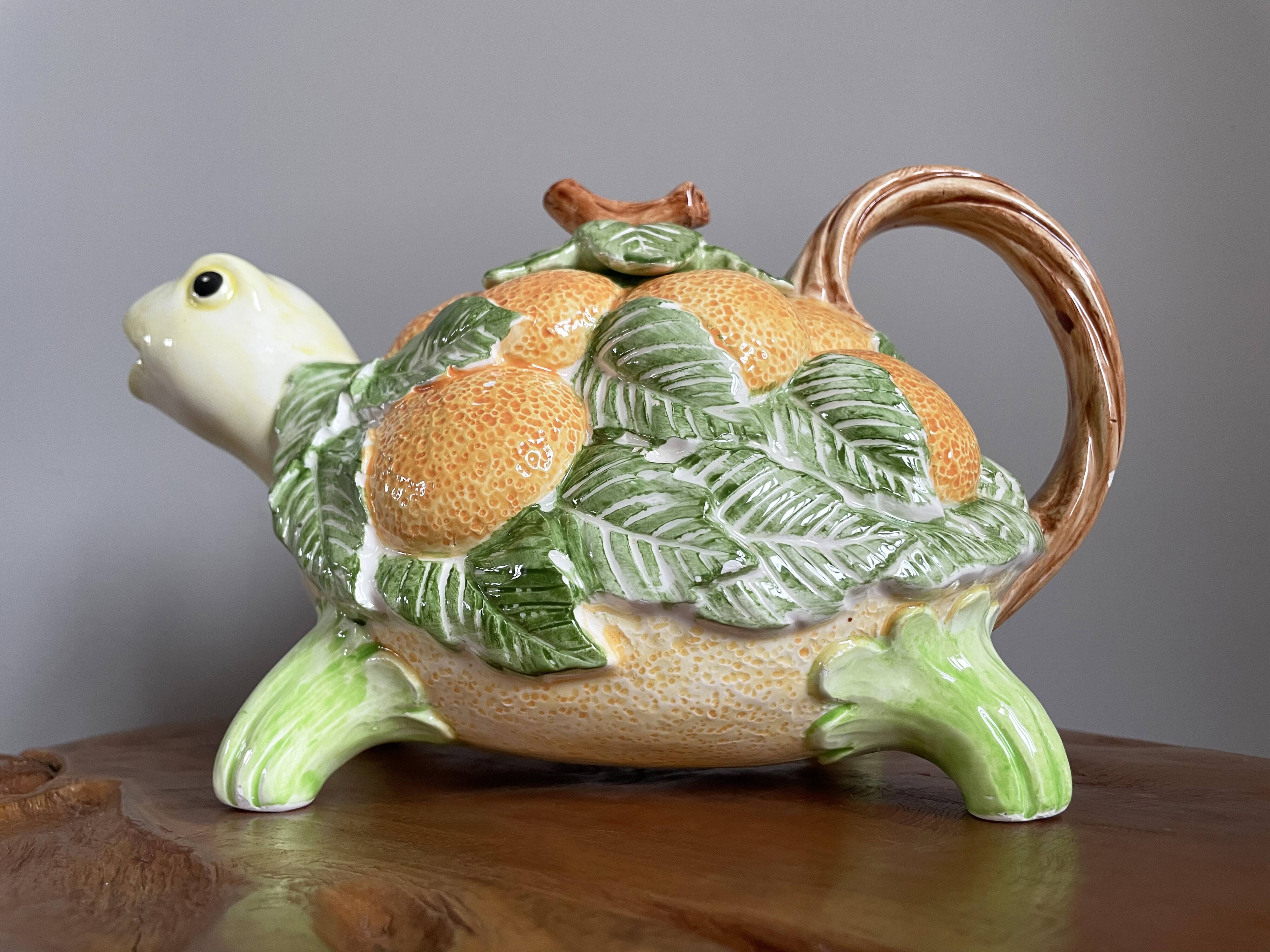 Fitz & Floyd ff1986 turtle jug or teapot with oranges and leaves, american majolica tableware