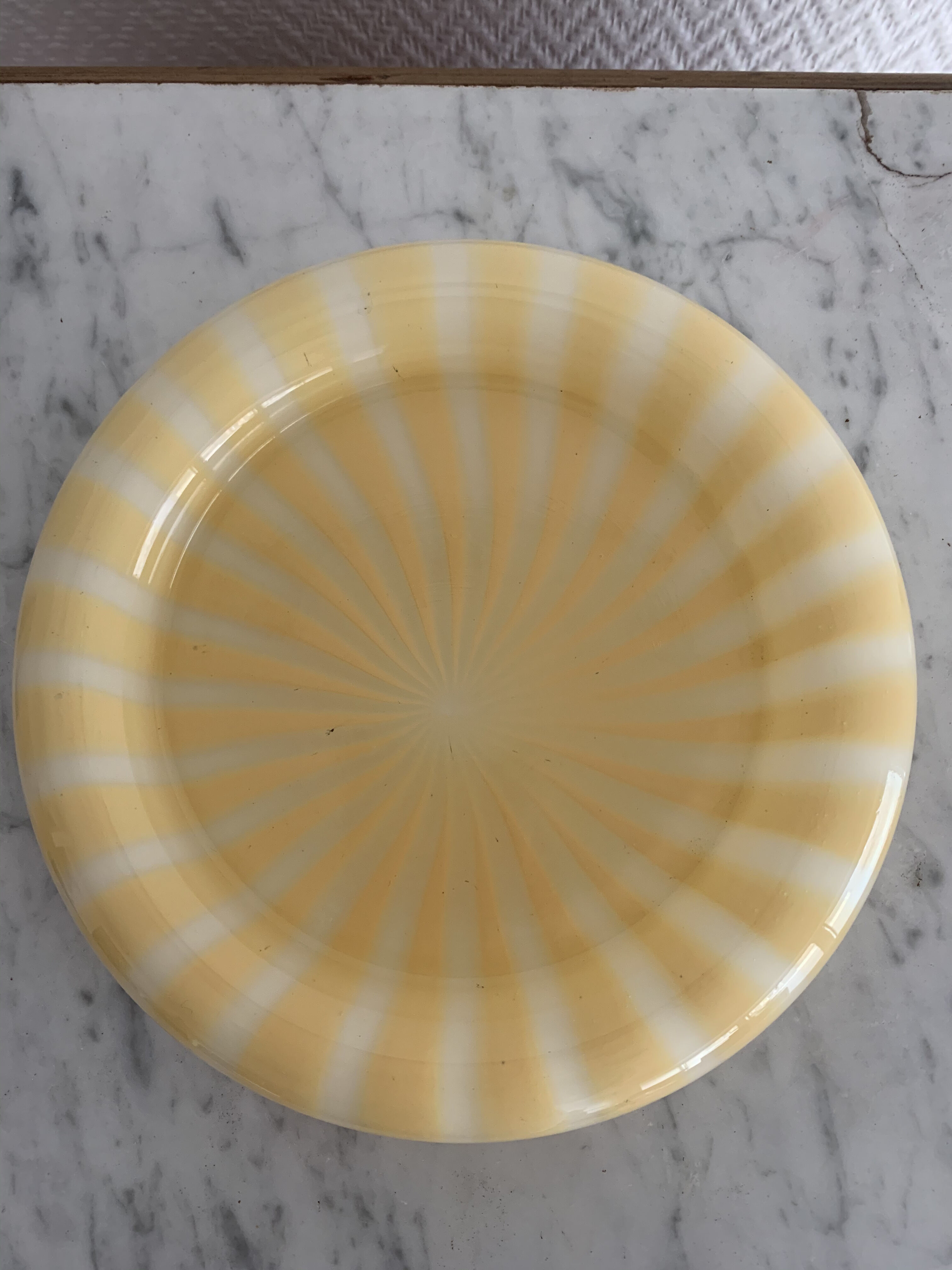 Vintage yellow-white striped round glass ashtray