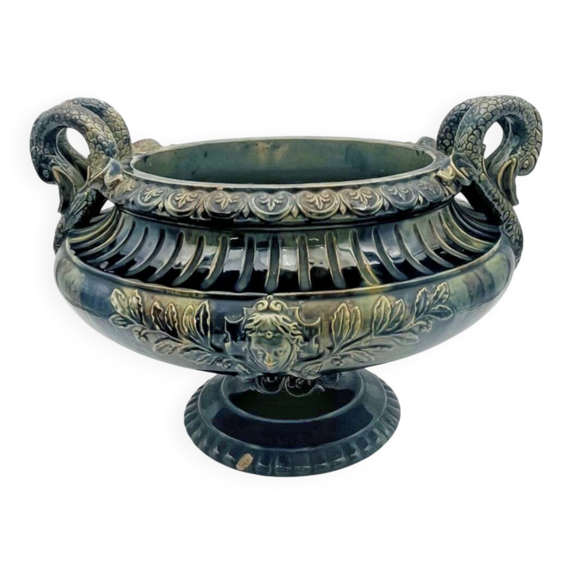 Large footed bowl in green and blue glazed ceramic