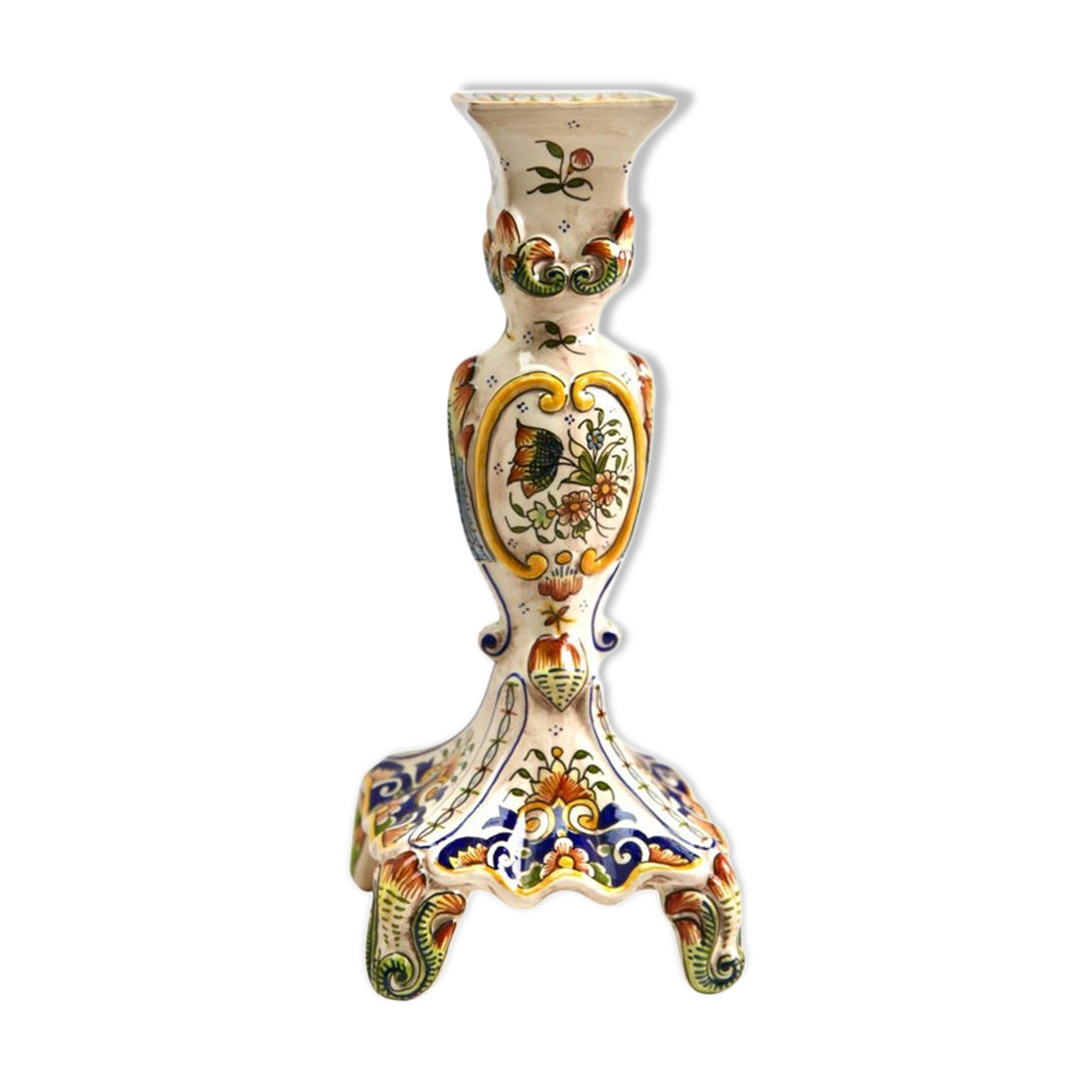 Hand-painted earthenware candle holder from Rouen, France twentieth century