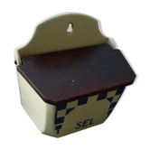Pot à sel ancien en porcelaine avec couvercle en bois, cuisine vintage