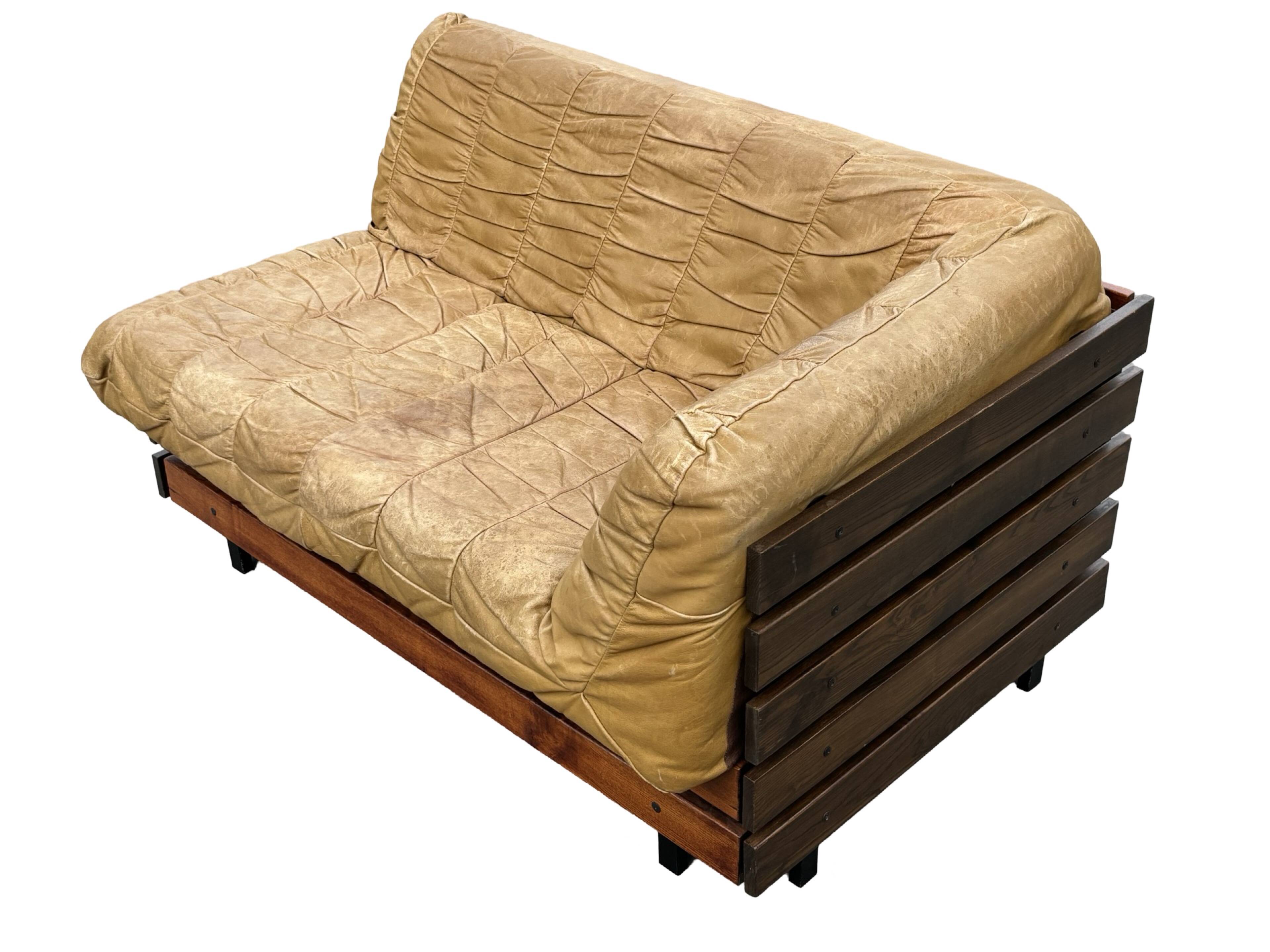 Vintage cognac brown sofa, small slatted model, 1970s