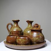 Vintage condiment service in glazed pyrite stoneware, artisanal Baudat La Borne style.