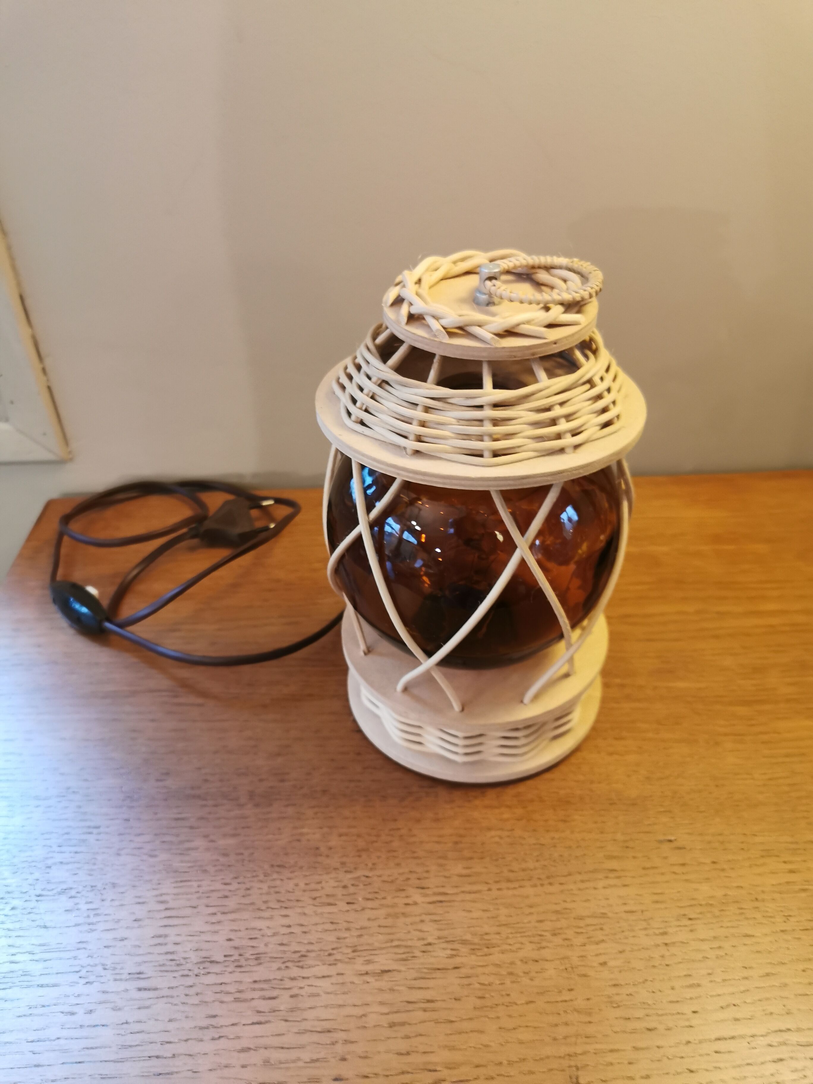 Vintage wooden and wicker lamp