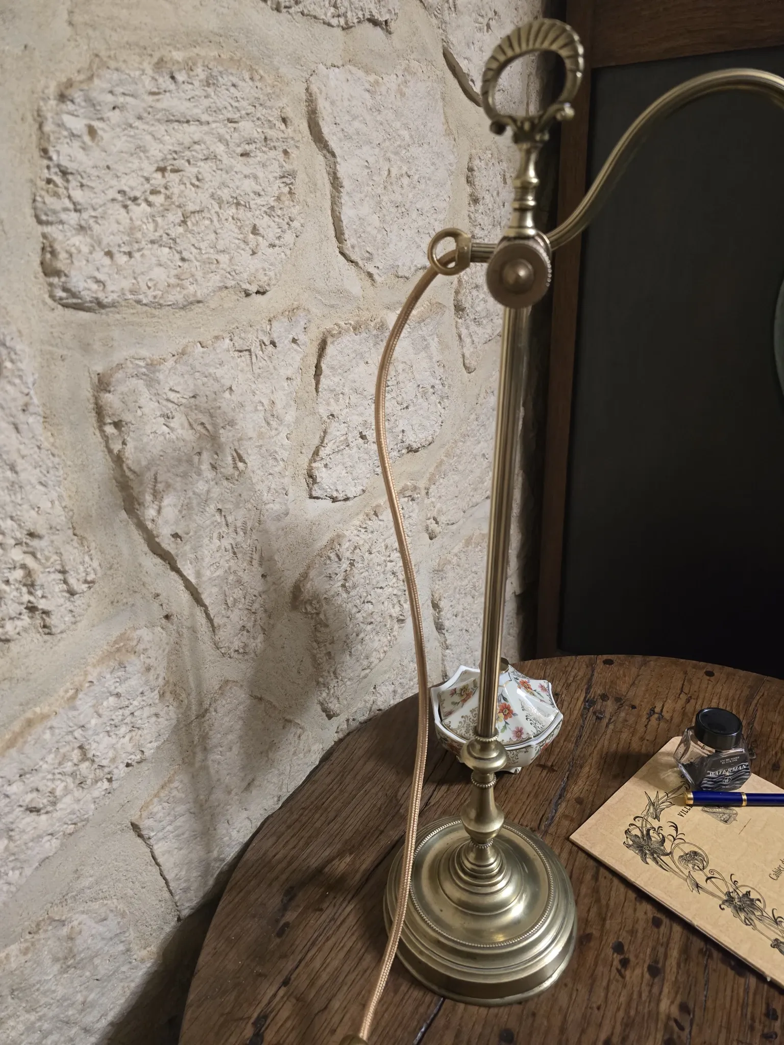 antique brass desk lamp – green shade – adjustable arm