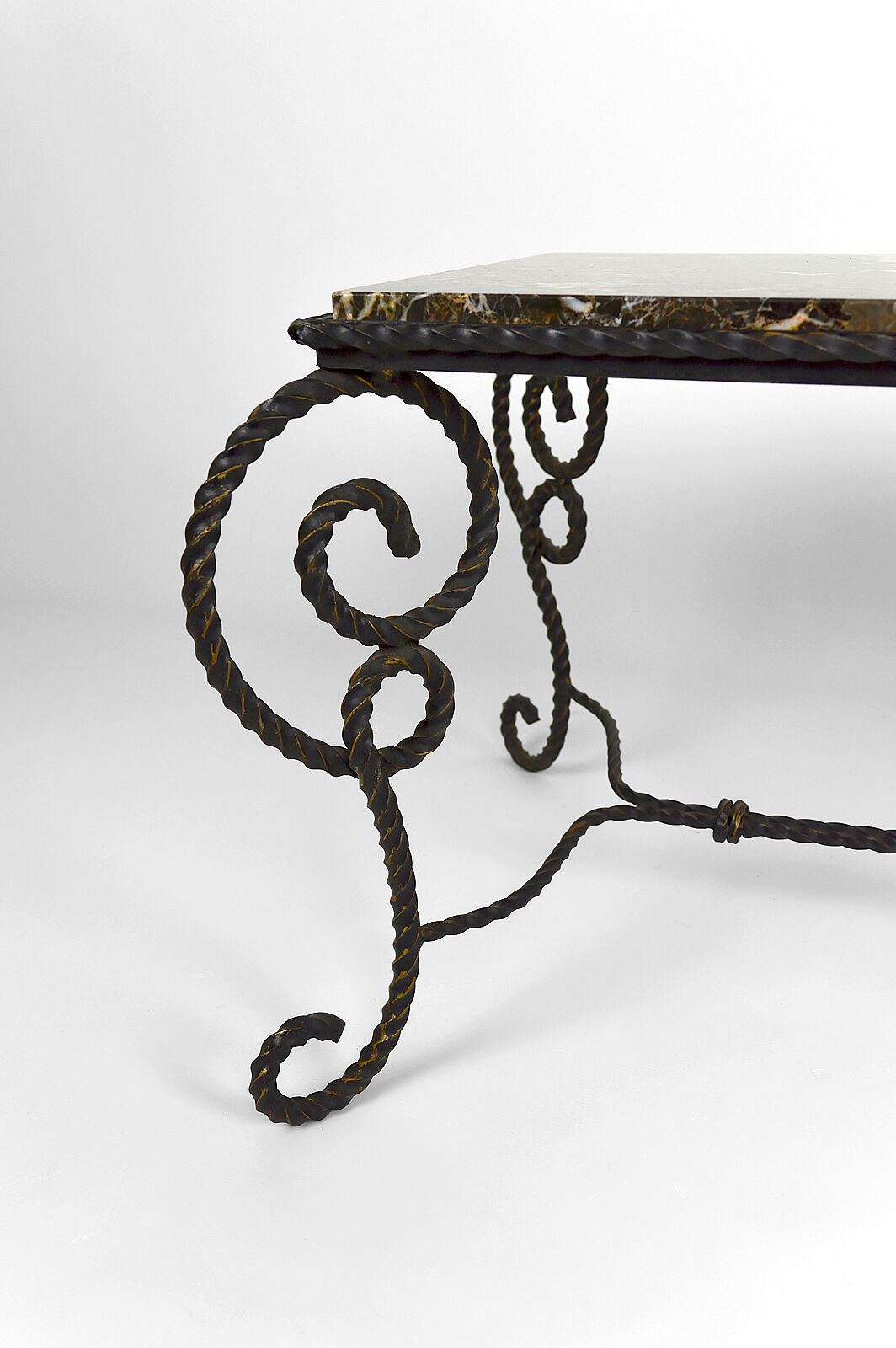 Coffee table in patinated wrought iron and marble, circa 1940
