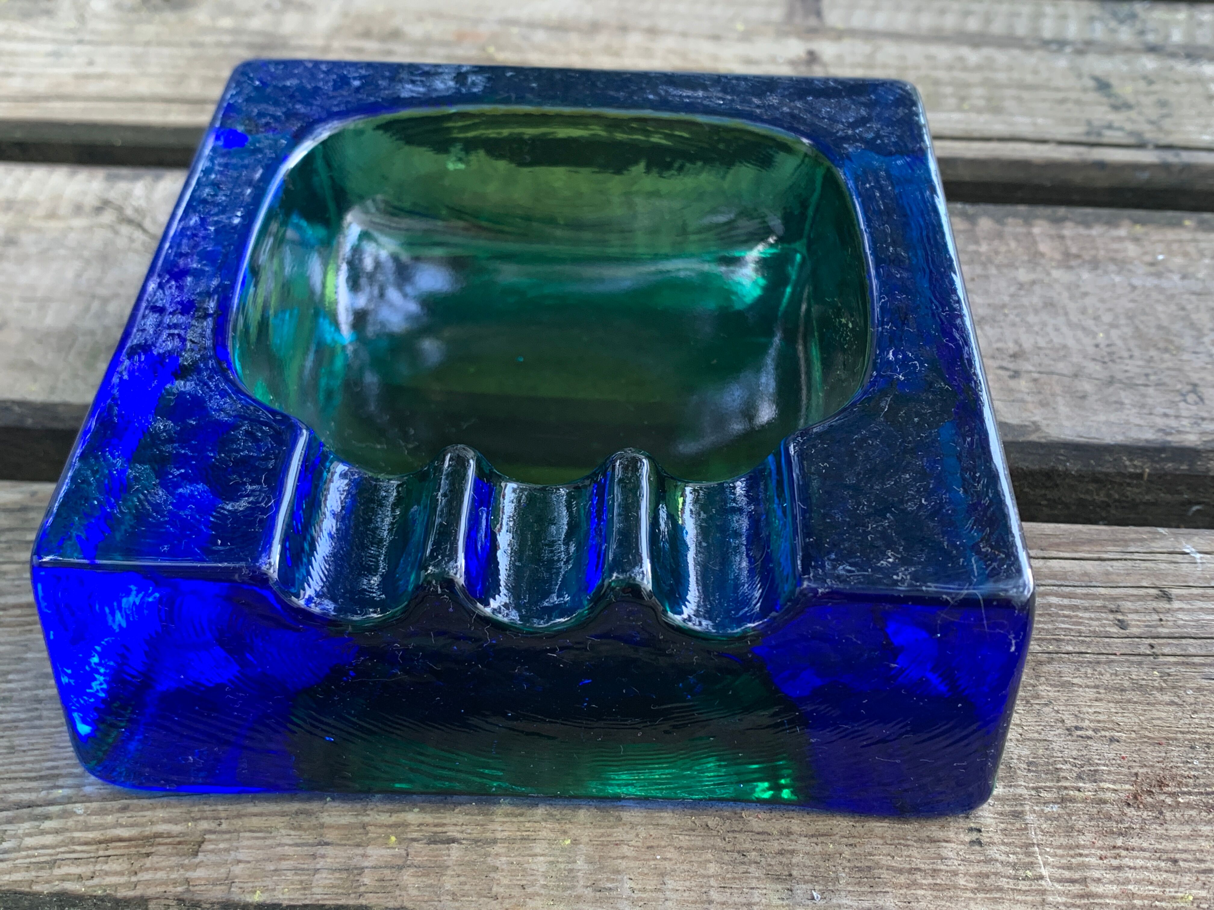 Square blue glass ashtray