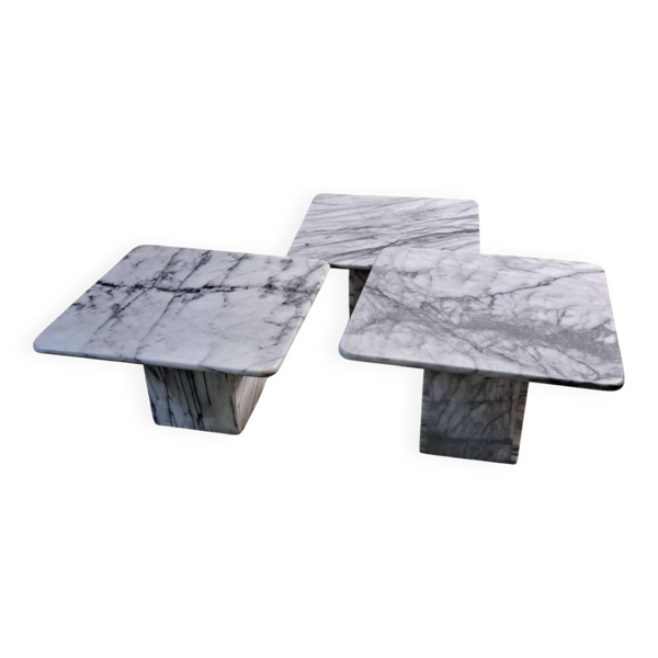 Trio table basse vintage gigognes carré marbre carrare calacatta blanc ital — Beyit