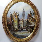 Large painting urban scene oil on wood framed John Haanstra vintage