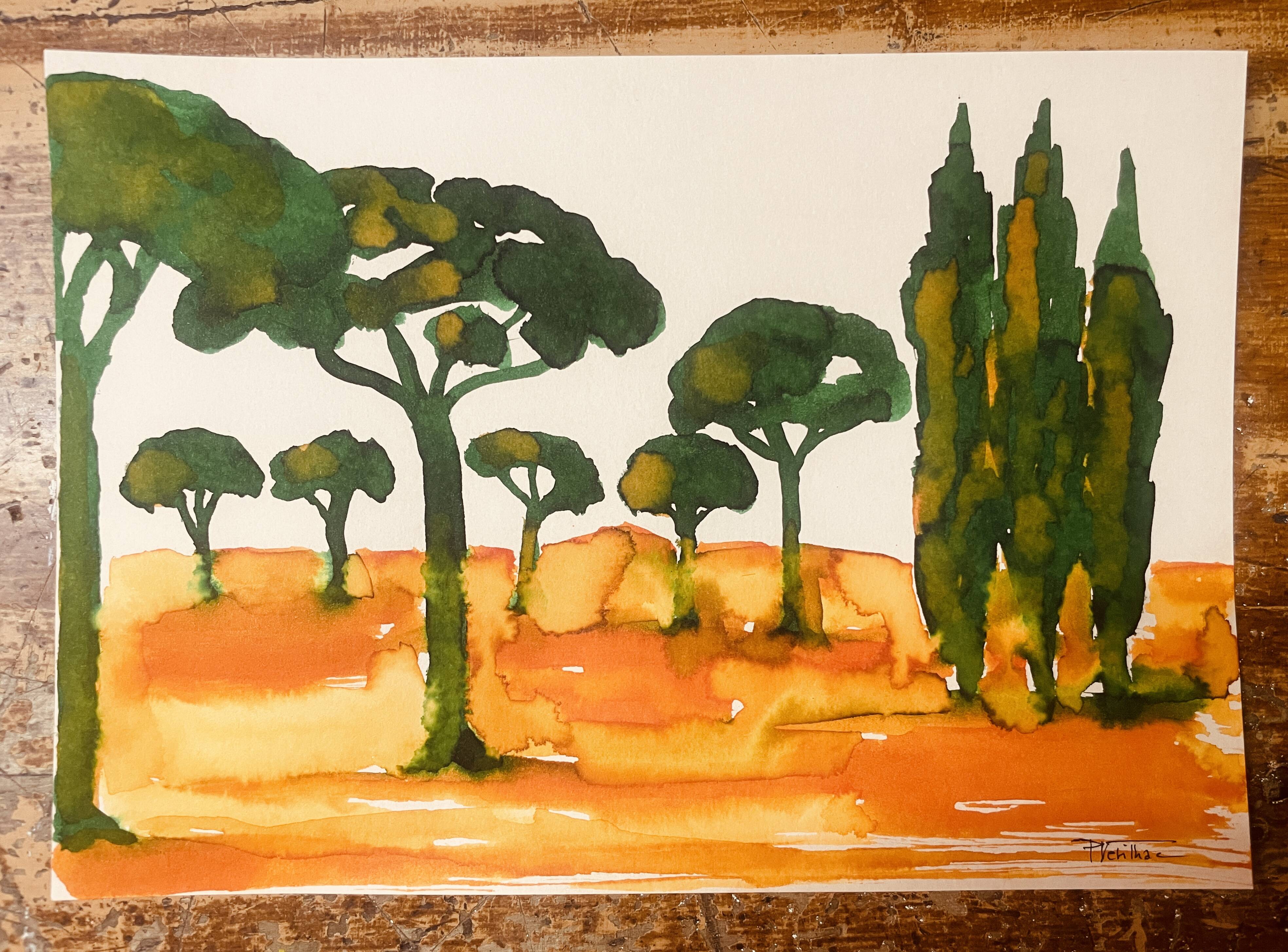 Tableau signé paysage « Lever de soleil provençal dans la pinède »