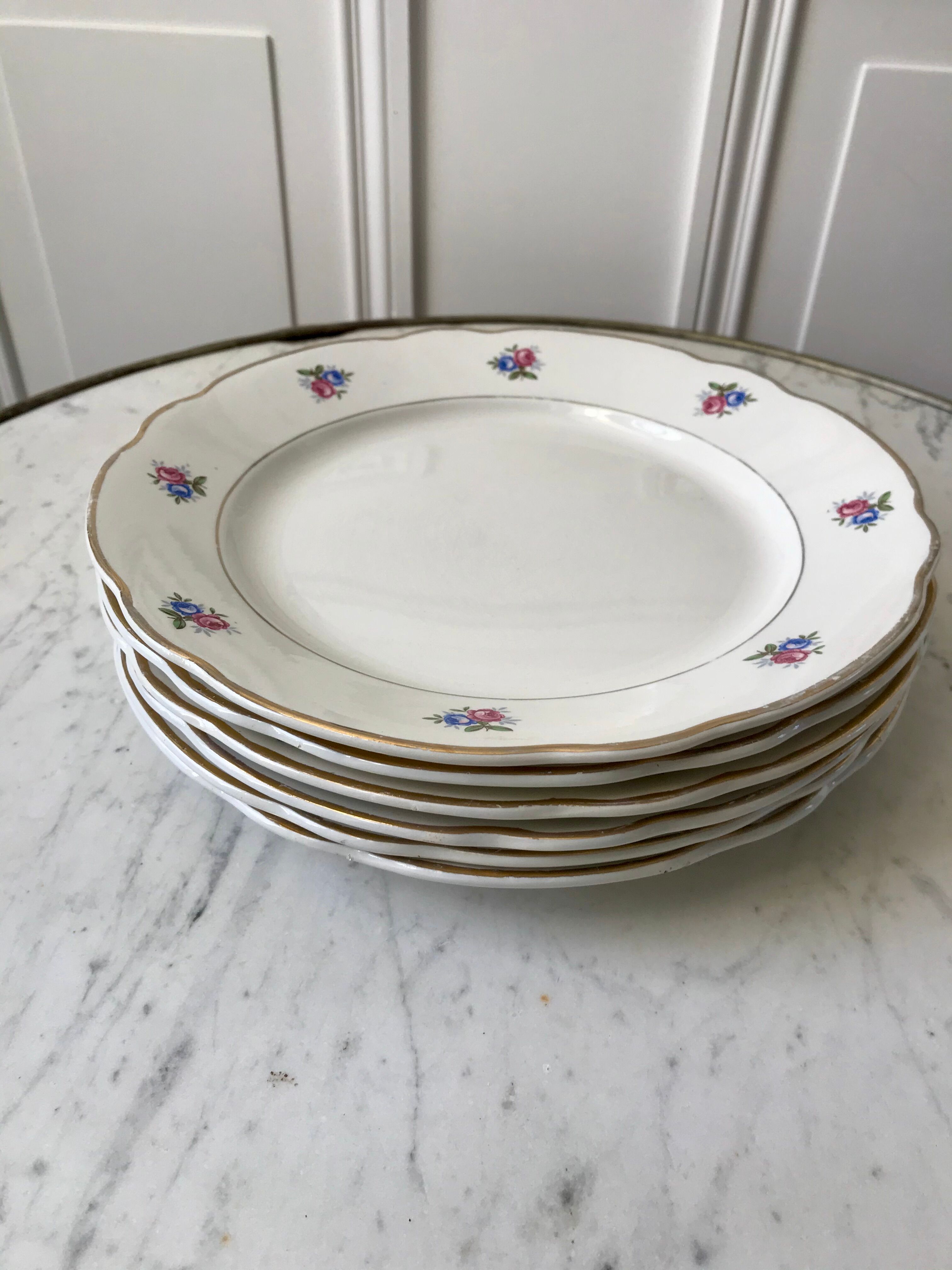 set of 6 flat plates Digoin Sarreguemines small flowers 50s