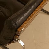 Unique Dutch bench in black leather with a steel and wenge structure from the 60s.