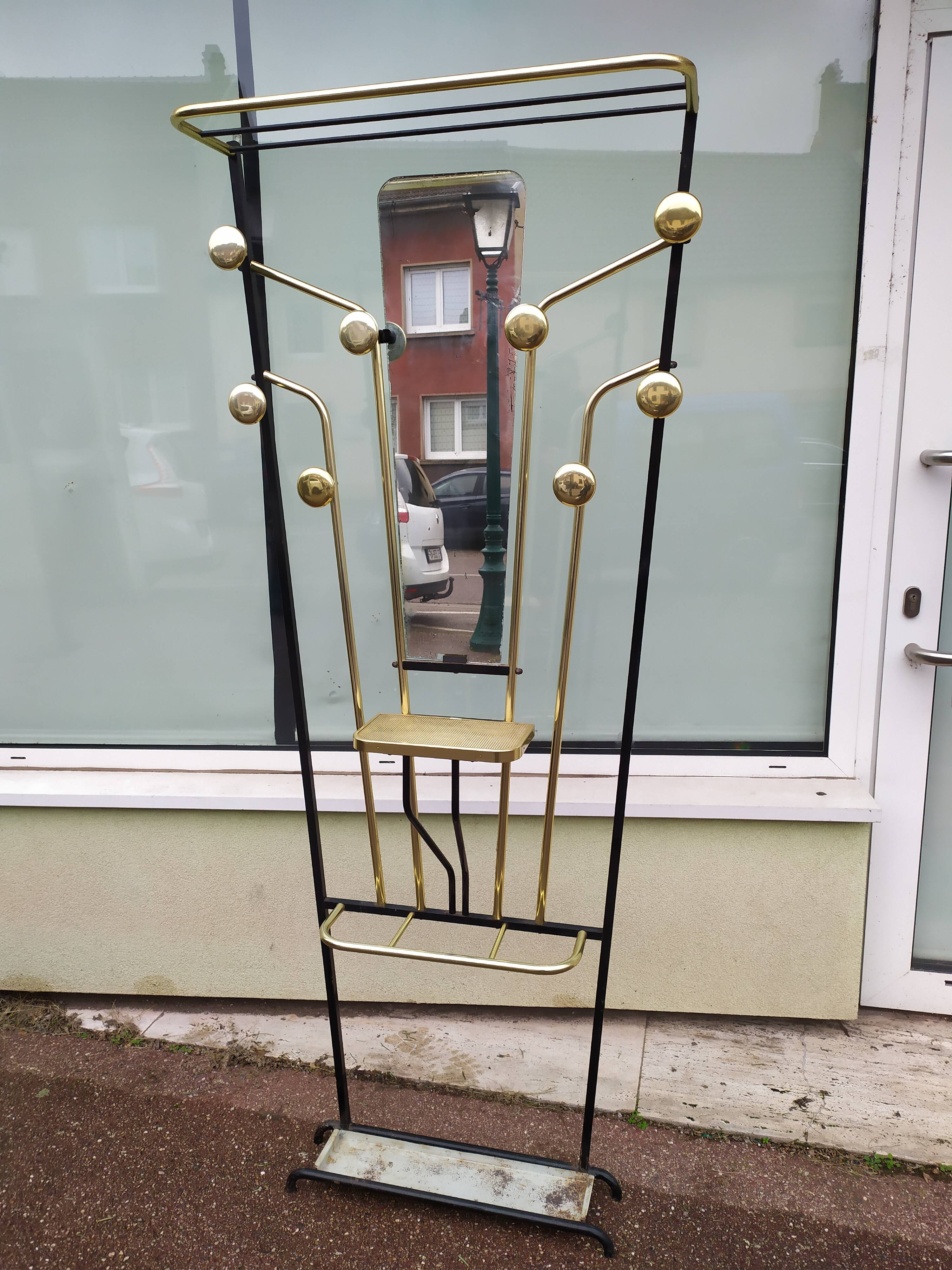 Cloakroom coat rack hat umbrella metal and vintage brass