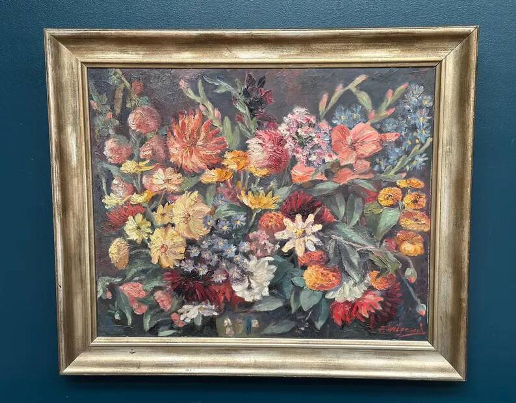 Original Still Life Oil on Canvas “Still Life with Flowers” by F. Wiegand
