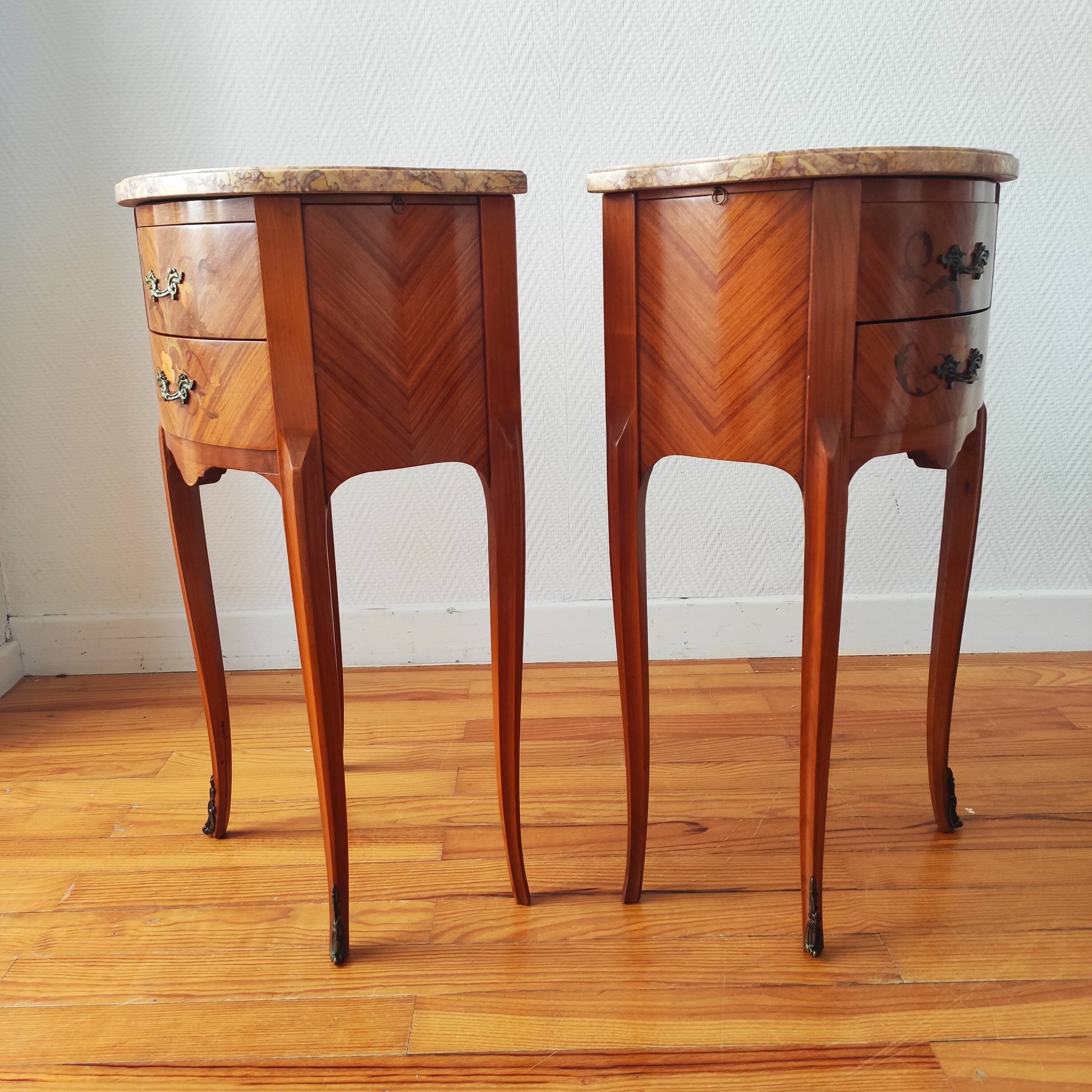 Pair of Louis XV style bedside tables in wood and marble
