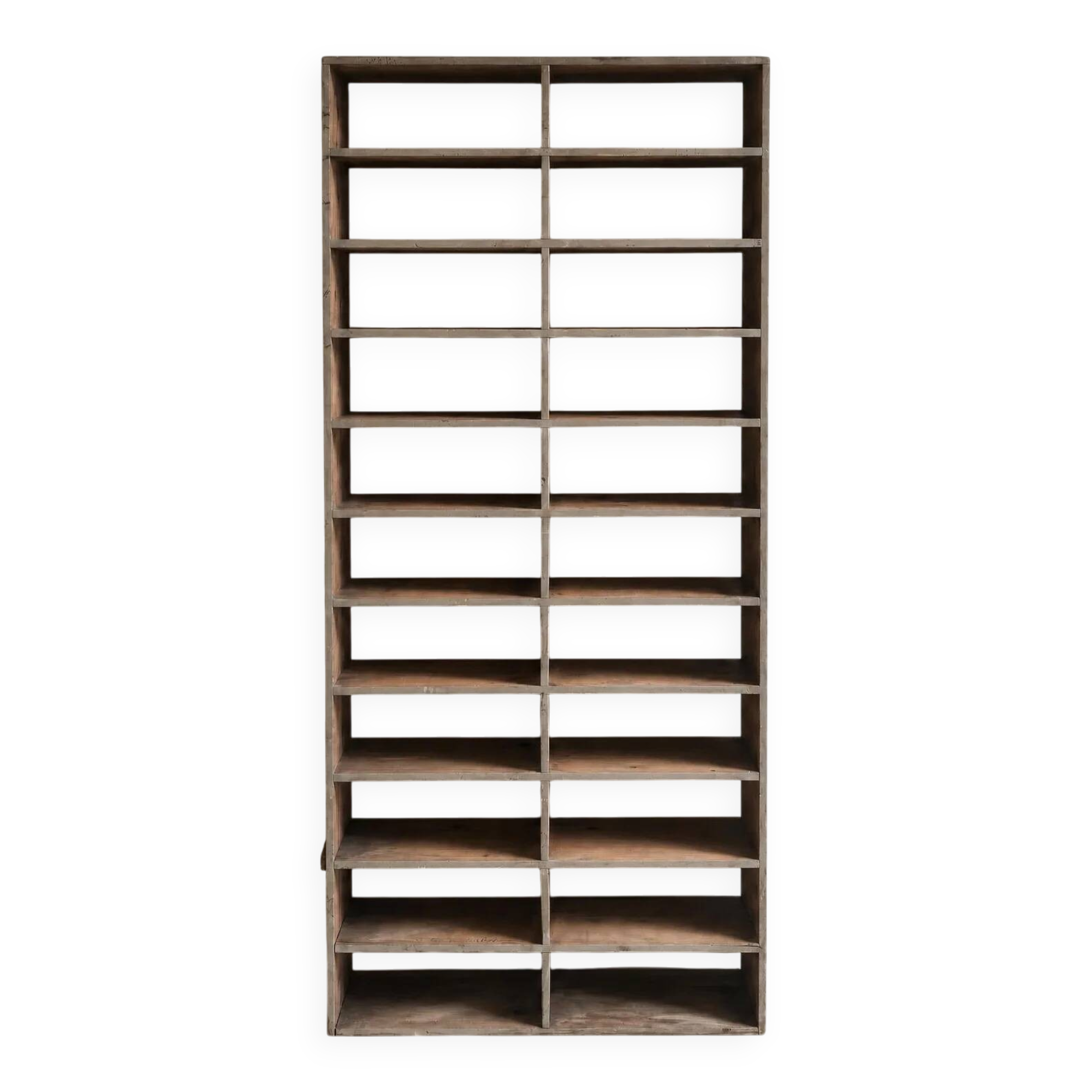 Large antique workshop cabinet with patinated wooden compartments, 20th century.