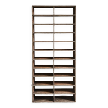 Large antique workshop cabinet with patinated wooden compartments, 20th century.