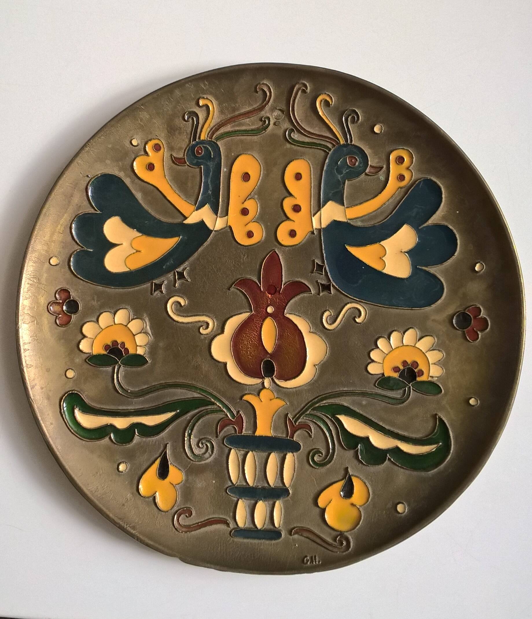 Old decorative brass and enamel wall plate signed GH
