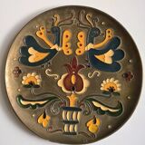 Old decorative brass and enamel wall plate signed GH