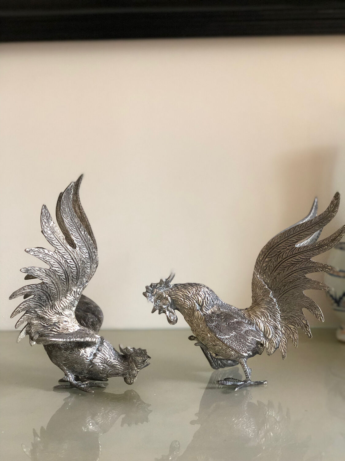 Vintage silver metal roosters