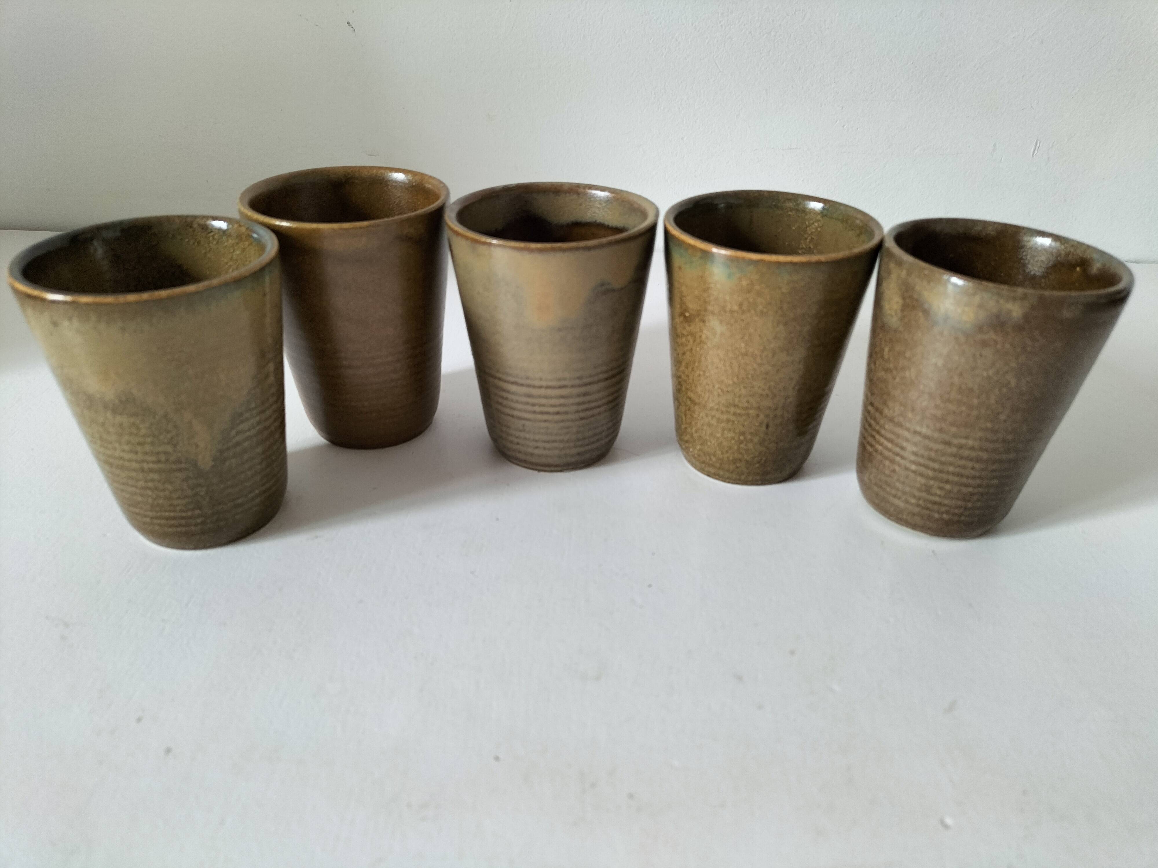 5 speckled stoneware cups from digoin (gp digoin) in brown, 1970s.