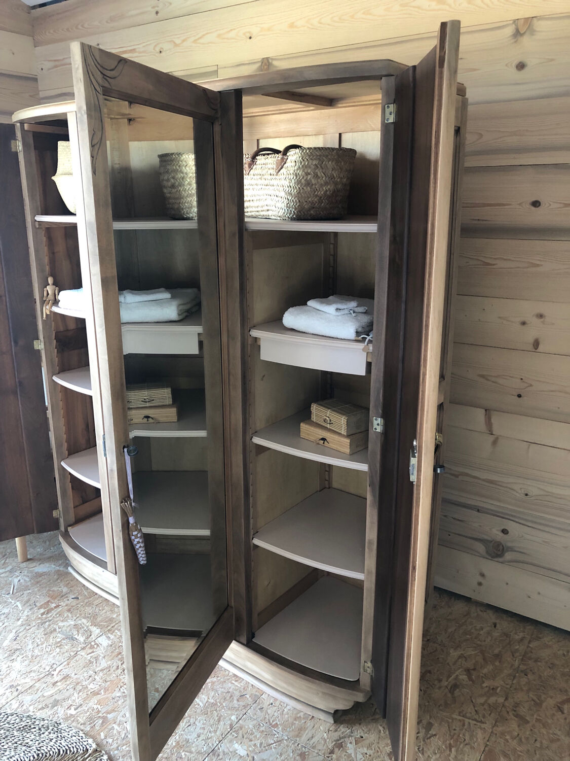 Art Deco wardrobe, solid wood and beveled mirror